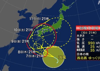 Tufão n°14 se aproxima da província de Kagoshima no próximo dia 9 de outubro
